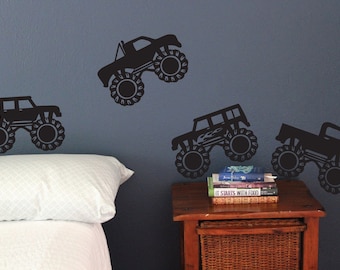 Monster Truck Set of 12, Fun sport wall decals, boys trucks dirt jump race crash big bedroom play game room stickers removable