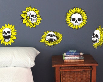 Skull flowers Wall Decals, Set of 5, Halloween sunflower daisy rose colorful fun Bedroom stickers removable Static window cling clings