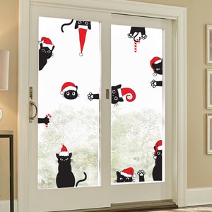 Cats in Santa hats, door and Wall Decals, Set of 12, Christmas Decoration Santa helper Static window cling clings
