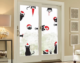 Cats in Santa hats, door and Wall Decals, Set of 12, Christmas Decoration Santa helper Static window cling clings