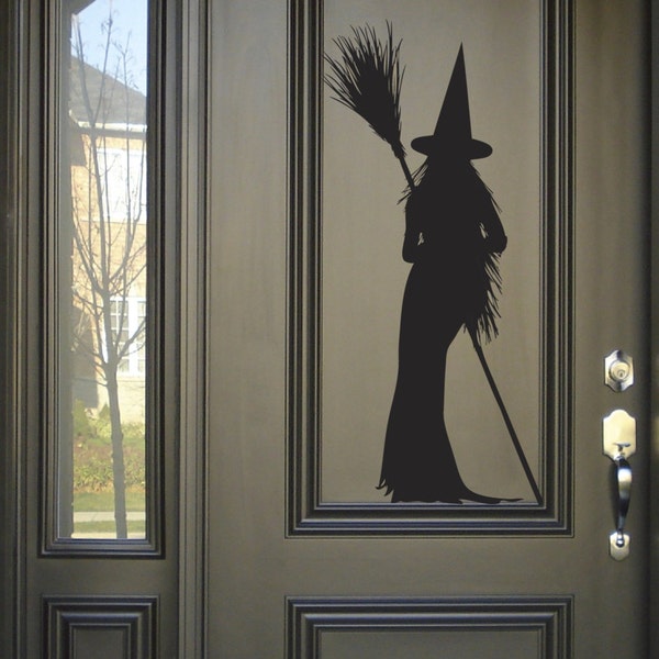 Witch silhouette Funny Wall Decal, Scary Halloween Decoration wicked broom Static window cling clings
