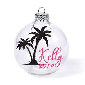 Palm tree ocean beach vacation island cruise  Custom Name Date Glass Ball Christmas Ornament