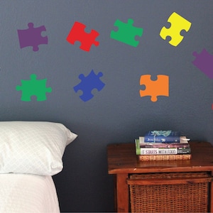 Puzzle piece Wall Decals Set of 12 jigsaw puzzles colorful fun kids toy tabs Autism Static window cling clings school game room play time