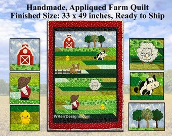 Farm Quilt, Farm Animal Quilt,  33 x 49 inches, Hand Cut Appliques, ONE OF A KIND! Finished Quilt - Ready to Ship