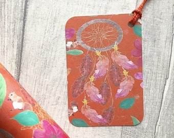 Dreaming Dream Catcher Gift Tag, Gift wrap tag, Tags, Feather tag, hedgehog and squirrel tag, nature, eco friendly.