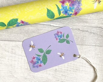 Hydrangea and Bee Gift Tag, Summer Gift wrapping designs, Spring Wrapping paper designs, British bee's, Gift wrapping, Gifting, Birthday.