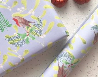 Robin Christmas gift wrap, vintage style by Ruth Goodwin, festive, 1950's retro, Christmas wrapping paper, Xmas, Celebrations, Holly, Berry.