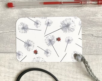 Dandelion and Ladybird Gift tag, Hand made by Ruth Goodwin, Gifting, Gift wrapping, Wrapping paper tags, message tags, wish tags, gifts.