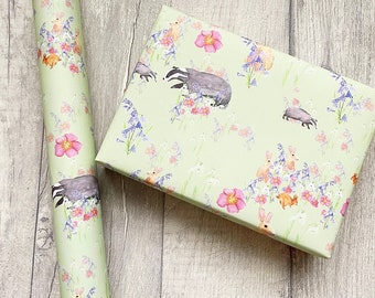 Spring badger wrapping paper~Exclusive designs~Badger paper~Gift wrapping ideas~ Present wrapping~ Special gifts~ Nature animals~ Snow drop.