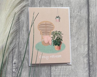 Cosy retreat greetings card bohemian vibes~ unique notecards~ new home gifts~ Ladies gifts~ Hand illustrated digitally~ Interior styling.