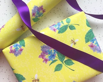 Hydrangea and bee gift wrap created by Ruth Goodwin, birthday, anniversary, wedding, new baby, kids, celebrations, gifting, summer, nature.