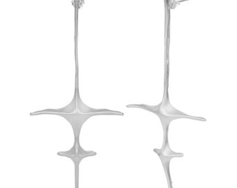 Spine Bone Earrings, Abstract Spinal Silver Edgy Skeleton Earrings,  Unique Cross Earrings, Bold Statement Cool Gothic Jewelry