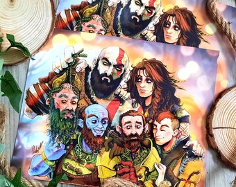 GOW print, Video game art print, Cool video game gifts, Mimir, Kratos, Goddess Freya, Atreus, Brok, Sindri, Art print gifts,Gifts for gamers