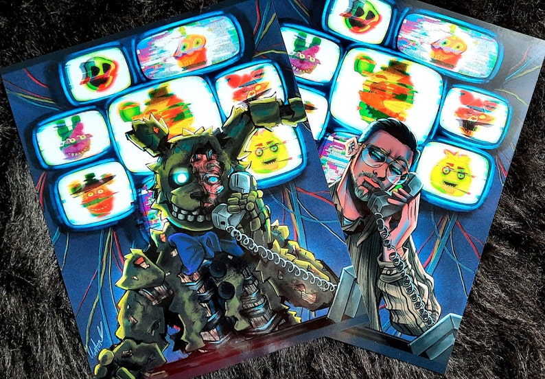 Distorted Animatronics Steve Raglan Double Sided Print, FNAF Art Prints, Video Game Art Prints ...