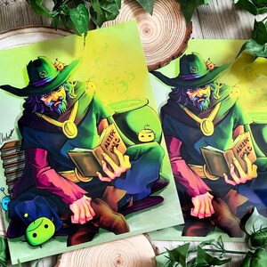 May include: A green and purple illustration of a wizard wearing a wide-brimmed hat and reading a book titled "Alchemic Guide". The wizard is sitting next to a cauldron and surrounded by green bubbles.