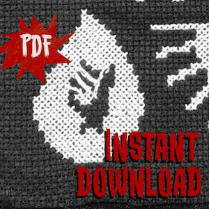 May include: A black and white cross-stitch pattern of a bird in a teardrop shape. The pattern is on a dark grey fabric. The words "INSTANT DOWNLOAD" are in red text below the pattern. The words "PDF" are in white text on a red starburst.