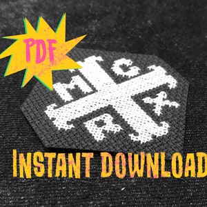 May include: Black and white cross stitch pattern with the letters "MCX" in a circle. The pattern is on a black fabric background. The text "INSTANT DOWNLOAD" is below the pattern in yellow.