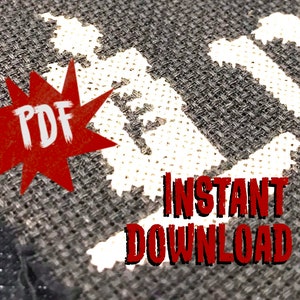 May include: A close-up of a white cross-stitch pattern on a black fabric background. The pattern is a stylized image of a person. The words "PDF" and "INSTANT DOWNLOAD" are in red text.