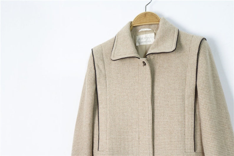 Size XS S Vintage Japanese Beige Coat Wool Japanese Checked 70/'s Coat