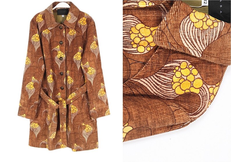 Woman/'s Brown And Yellow Cotton Corduroy Jacket 70/'s Pattern Jacket Vintage Italian Akaba Corduroy Trenchcoat Size L