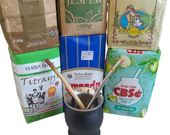 6 Yerba Mate Taschen (ALLE ARTEN) Sample Kit - Edelstahl Mate Cup Gourd Plus 2 Bombillas