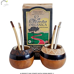 2 Mate Gourds Hand Carved, 4 Bombillas + Organic Certified Yerba Mate 500grs Bag