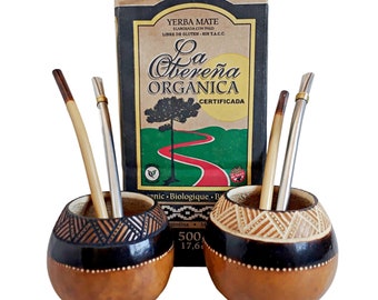 2 Mate Gourds Hand Carved, 4 Bombillas + Organic Certified Yerba Mate 500grs Bag