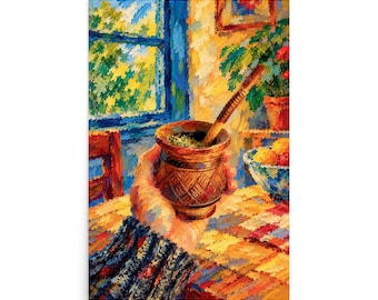 May include: An impressionist-style painting depicting a hand holding a brown wooden mate gourd with a metal bombilla straw. The scene features a checkered tablecloth, a blue window frame, a potted plant, and a bowl of fruit in warm, vibrant colors.