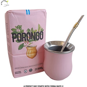Sachet Yerba Mate certifié biologique + Gourde Yerba Mate en acier inoxydable (Rose) & Bombilla