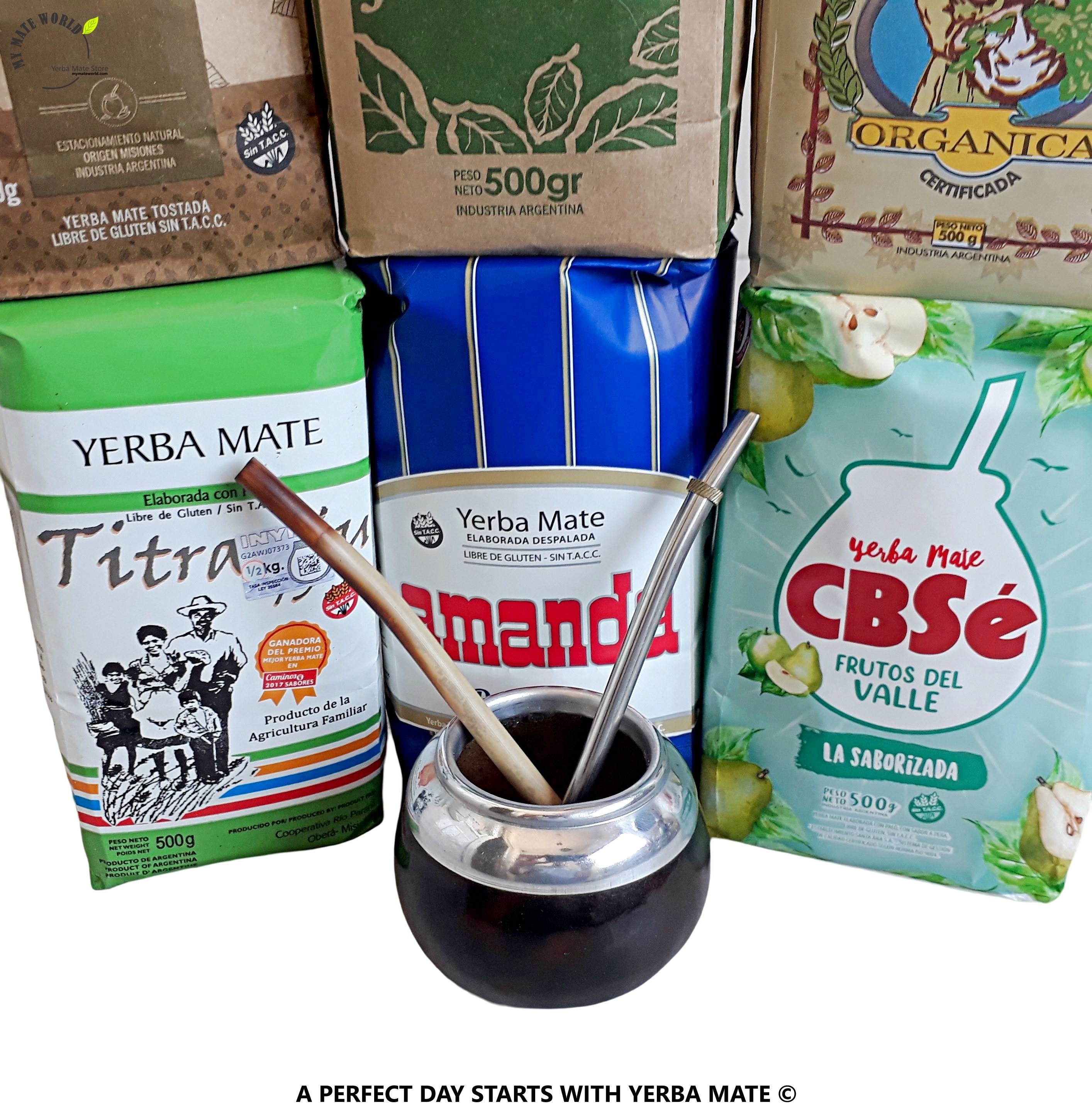 アルゼンチン直輸入 本格マテ茶スターターセット ひょうたん製茶器＋「ROSAMONTE SUAVE」1kg ＋専用ストロー(ボンビージャ) ステンレス製 ストロー 190mm かわいい ボンビージャ マテ茶用