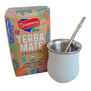 White Stainless Steel Mate Cup & Bombilla + Organic Certified Dicomere Yerba Mate Bag