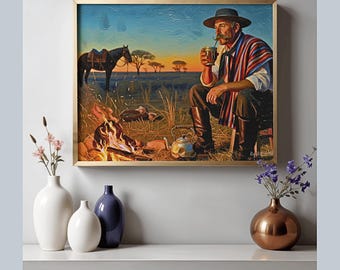 May include: A framed painting depicts a gaucho figure in a hat and poncho, seated near a campfire, holding a drink. A horse stands in the background. The artwork has a warm color palette with a gold frame. Decorative vases are in the foreground.