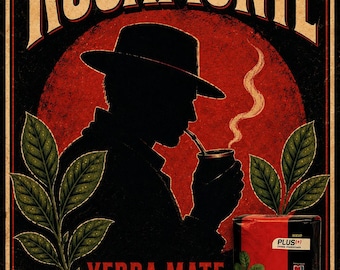 May include: A rectangular poster featuring the text ROSAMONTE, YERBA MATE, ARGENTINA, and PRODUCTO DE ARGENTINA. A silhouette of a person in a hat drinks from a mate gourd against a red circle. A 500g package of Rosamonte yerba mate is in the corner.