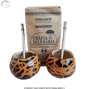 2 Personal Sized Mate Gourds Handmade, 2 Bombillas + Top Notch Yerba Mate 1.10lbs Bag