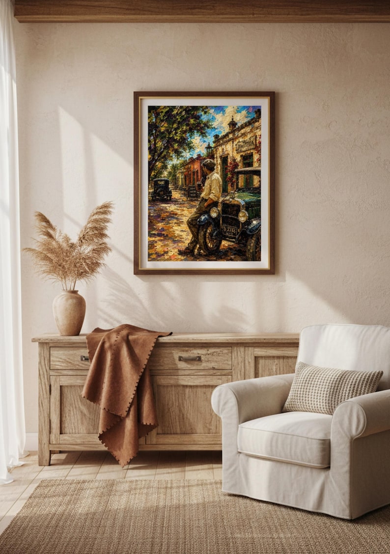 May include: A framed wall art print depicting a textured oil painting of a person leaning against a vintage green car on a sunlit street. The scene features warm yellow and orange tones, deep shadows, and a building with a sign in the background.