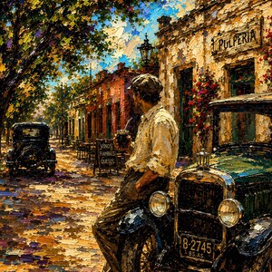 May include: An oil painting depicting a person in a cap and light shirt leaning against a vintage green car with license plate B-2745 BS.AS. The scene features a street with a building labeled PULPERIA, a sign for VINOS FIAMBRES QUESOS, and another car.