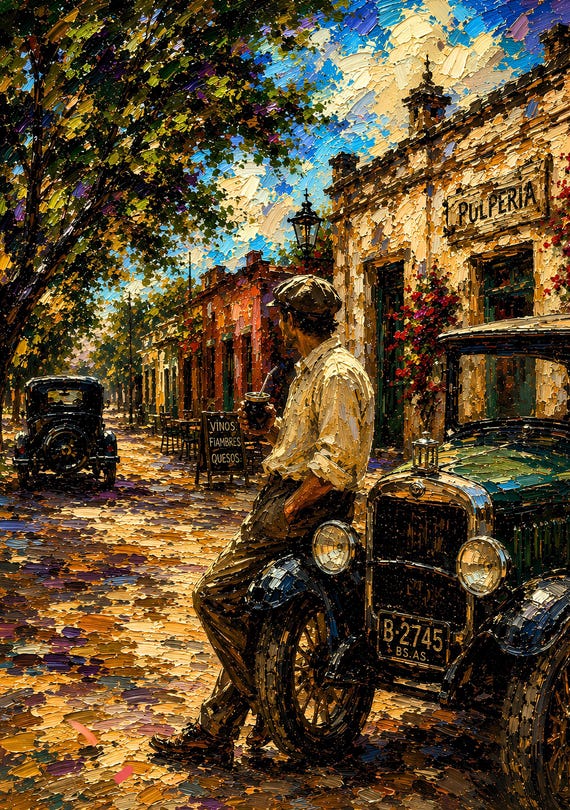 Buenos Aires Countryside Oil Painting Poster | Vintage Car & Mate Art Print | Argentina Wall Art