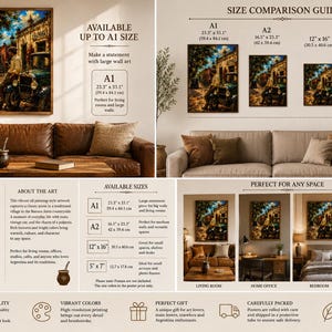 May include: A museum-quality matte poster featuring an oil painting-style artwork of a person leaning against a vintage car in a traditional village. The print is available in sizes ranging from 5 by 7 inches to 23.3 by 33.1 inches, shown in various room settings.