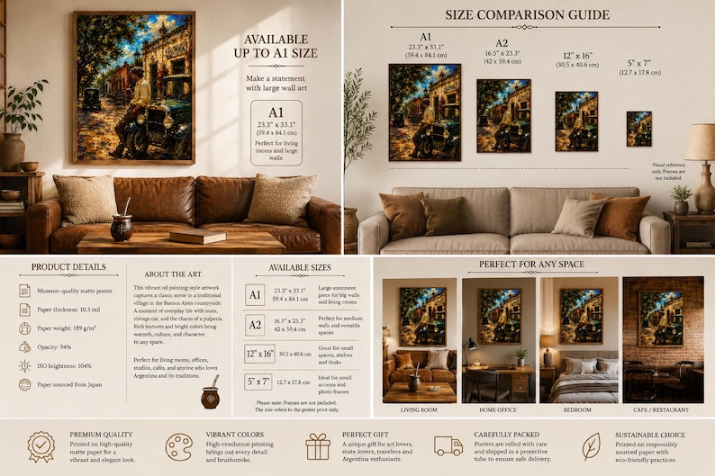 May include: A museum-quality matte poster featuring an oil painting-style artwork of a person leaning against a vintage car in a traditional village. The print is available in sizes ranging from 5 by 7 inches to 23.3 by 33.1 inches, shown in various room settings.