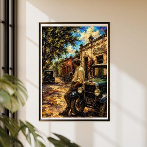 May include: A framed oil painting featuring a textured street scene with a person leaning against a vintage green car. The building in the background displays the text "PULPERIA" above the entrance, and the car license plate reads "B-2745".