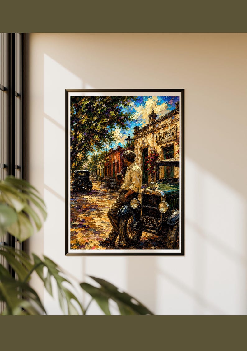 May include: A framed oil painting featuring a textured street scene with a person leaning against a vintage green car. The building in the background displays the text "PULPERIA" above the entrance, and the car license plate reads "B-2745".