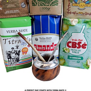 6 Yerba Mate Bags (ALL TYPES) Sample Kit - &quot;Woodgrain&quot; Mate Gourd plus 2 Bombillas