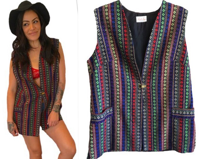 Mexican Blanket Vest Vintage Ample Togs Colorful Aztec Indian Mens
