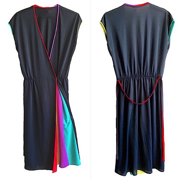 V-Neck Sheer dress cover up vintage womens black wrap around chiffon with color pop block peek a boo belted maxi poolside festival super rad