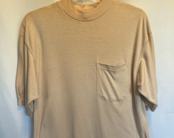Vintage Tried and True 50 / 50 cotton poly tee light pink beige shirt pocket tshirt size large soft thin rounded bottom mock neck 90s