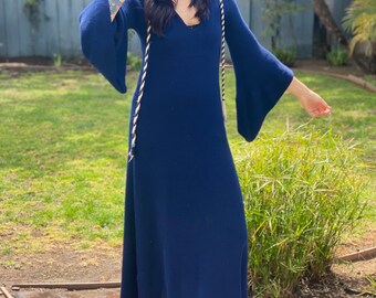 Vintage Hooded Heavy Dress dark blue striped pull tie deep v-neck womens large textured forest fairy cloak 70s floor length costume rad