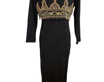 Vintage 90’s Carole Little Beaded dress black and gold size small wool and acrylic long sleeve hanging layers slinky and soft stretchy