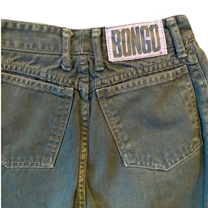 Vintage Army Green Bongo Jeans 24.5 inch waist high large back patch womens soft not stiff cotton side tag pockets classic 90s Velvet Metal