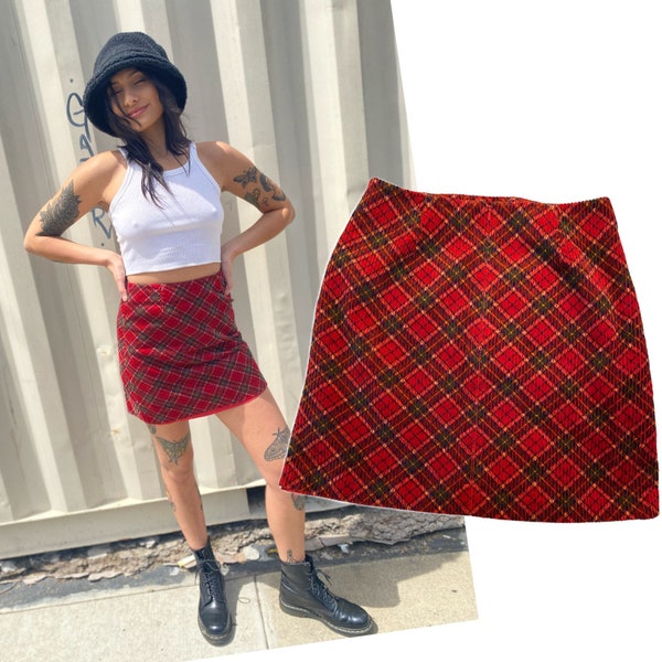 Vintage 90s Red plaid Skirt by Boston Proper marked size 2 soft ribbed texture zipper back fully lined high waist mini short 27 inch waist
