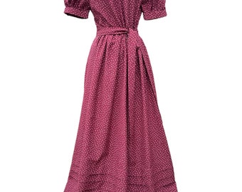 vintage 70’s Handmade Prairie dress burgundy with white details matching tie tiered ruffles at bottom Sz large Deadstock